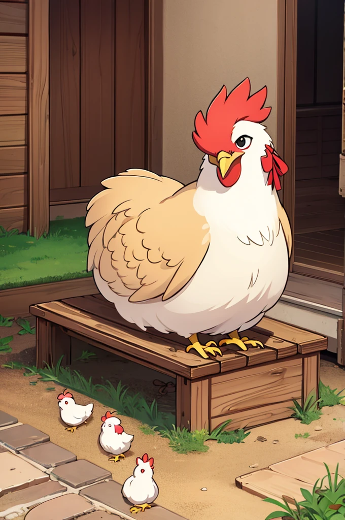 (realitic), Male chicken looking straight ahead alone, sitting cutely