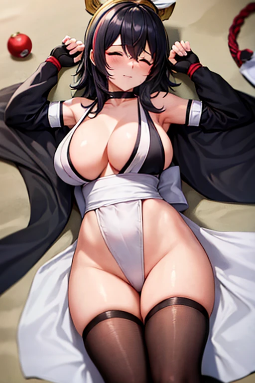 masterpiece, high resolution, best quality, rendered art, beautiful art, well formed fingers and hands, 1 woman, Yae Miko , hair ornament ,adult, grown up, 31 years old, large and round breasted, cleavage, full body, wearing a Iroha Samurai Spirits cosplay, Iroha_Samurai_Spirits_cosplay, maid hat, choker, fingerless gloves, black tights, sexy and skimpy kimono, pelvic curtain, white maid uniform,ryona,in peril, she is  defeated, knocked out, passed out, closed eyes, exhausted, unconscious, laying down on the sand, extended exposed body, full body on the sand, breathing heavily, sexy smirk on her face, bouncing breasts, sexy defeated pose, defeat and  KO scene, fallen beauty, martial arts tournament with beach environment            