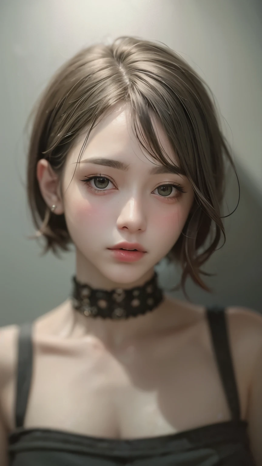 Masterpiece hyperrealist & Photorealistic beautiful girl, Realistic Skin (Pore-filled skin) Short Bob Cut Hair, Realistic red lips,Punk Girl, (head shot:1.5),Shorts