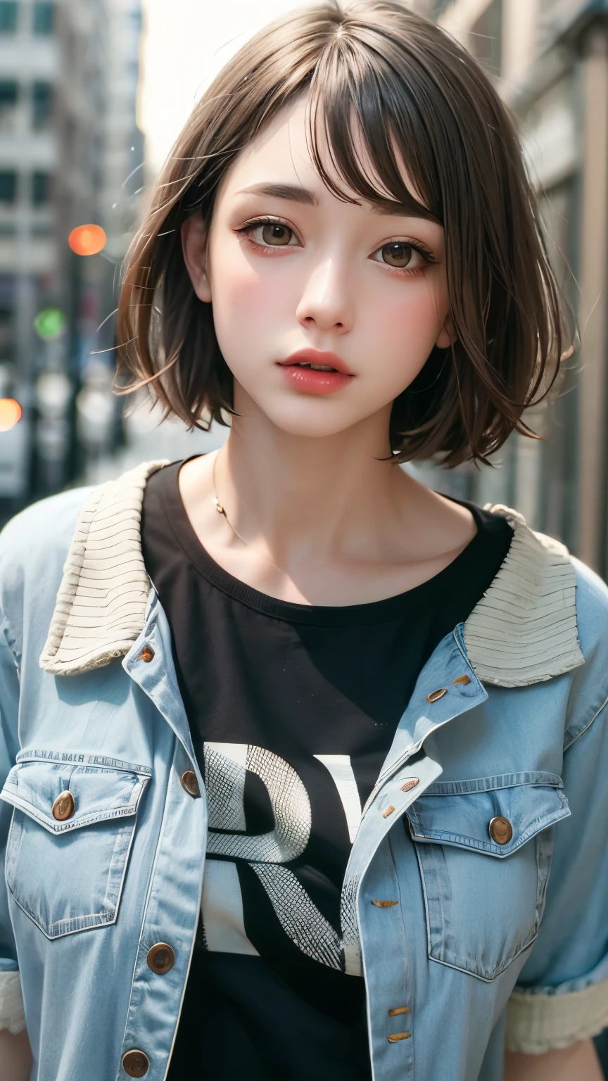 Masterpiece hyperrealist & Photorealistic beautiful girl, Realistic Skin (Pore-filled skin) Short Bob Cut Hair, Realistic red lips,Punk Girl, (head shot:1.5),Shorts