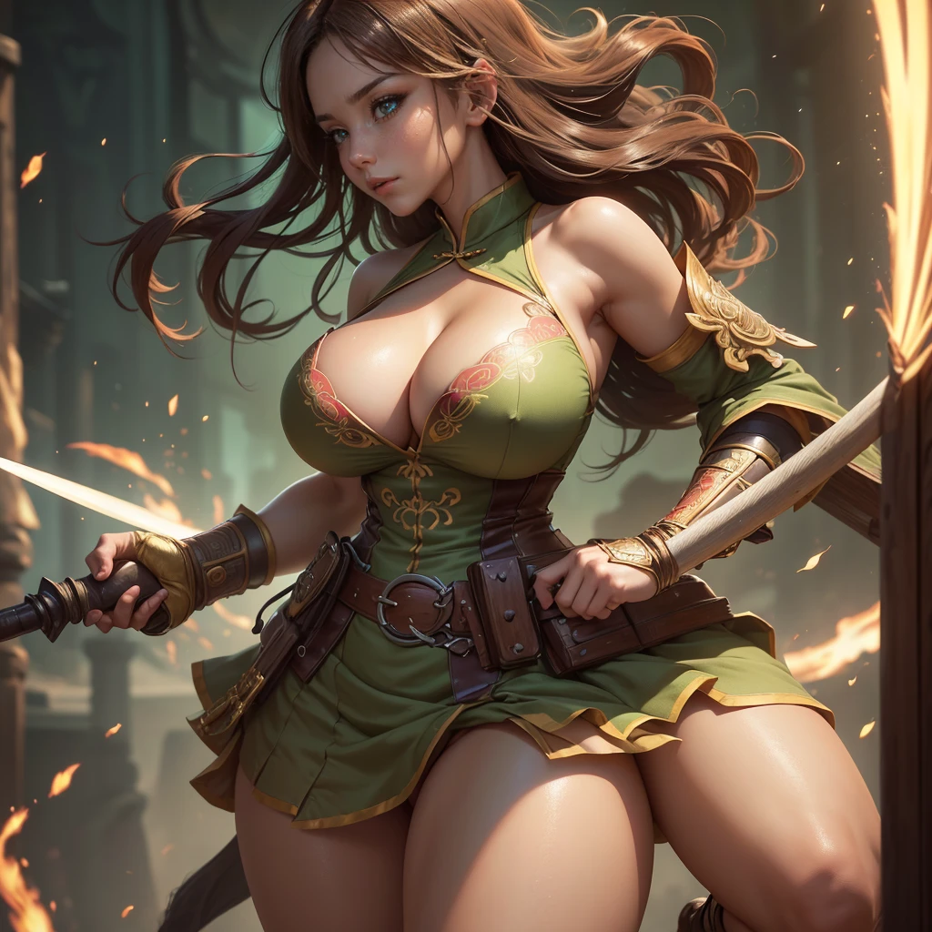 Highly detailed CG unit 8k wallpaper, masterpiece, High resolution, highest quality, highest quality real texture skin, Super Real, Digital Painting, Best image quality, 最High resolution, 8k, ((Highly detailed eyes and face)), 1girl, Beautiful eyes every detail, Full Body Shot, profile, chinese style embroidery, dress, Shogun, Military commander, general, armor, ((disproportionate breasts, huge breasts, sagging breasts, Cleavage, gigantic breasts, Saggy breasts, Gravity-dependent breasts, long chest, Heavy chest, erect nipple)), lewd, Prostitute, smile, (tanned skin, light brown hair, ), light green, deep green, ((spear on hand)),