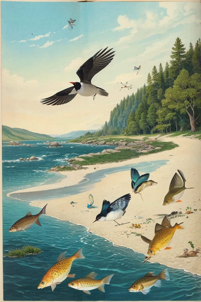 Small bird at the river mouth、fish、Illustrations with insects etc.