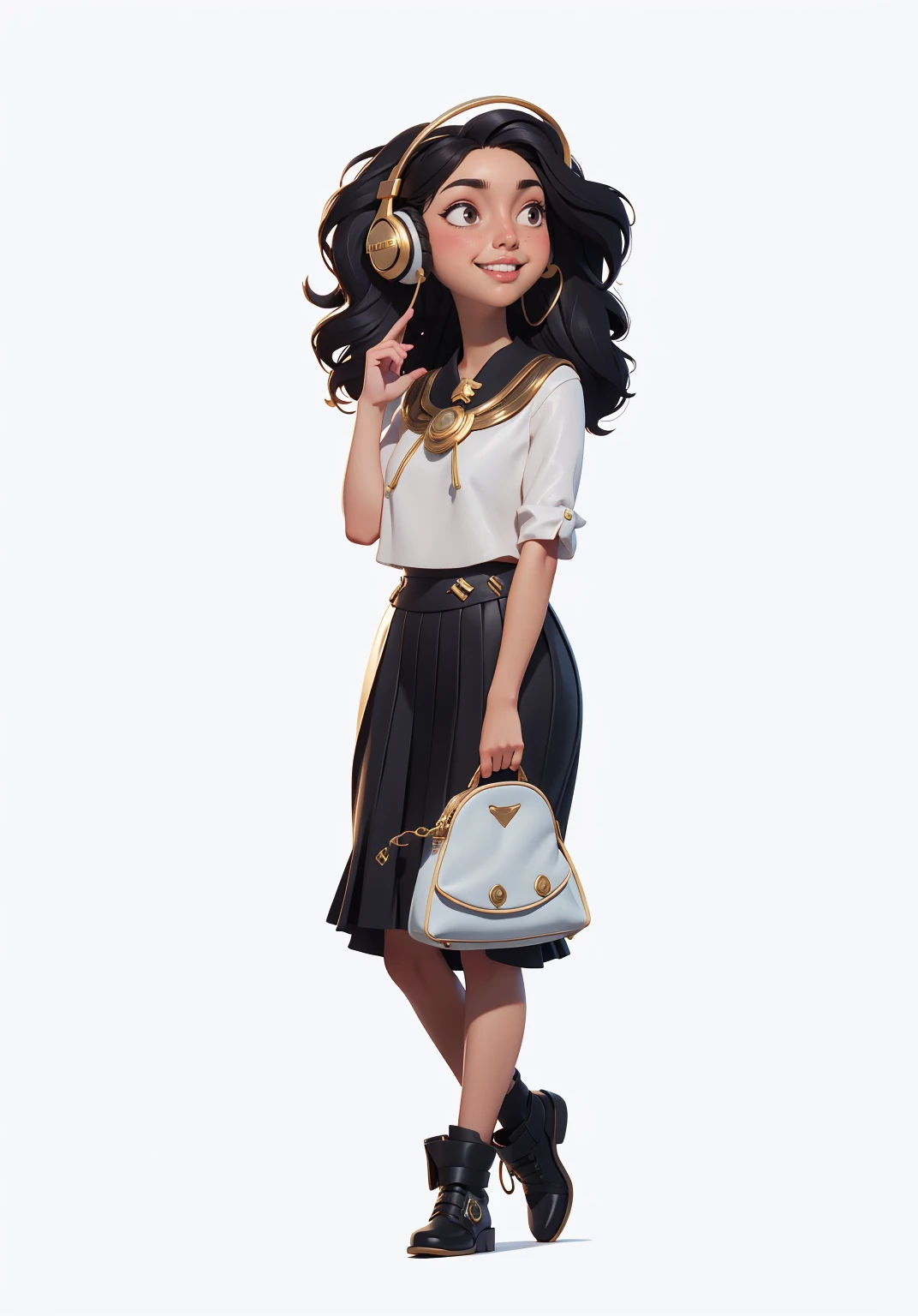 Young woman, ((headphones висят на шее)), afro hairstyle, afro, Black skirt, white mother, white handbag in hand, (headphones),  beautiful textured long flowing hair,  gold decoration, gold earrings, photorealistic, masterpiece,  smiling, perfect faces,  watercolor, Cinematic professional 8K photography with ray tracing, subsurface scattering and illumination, conceptual art, character illustration ,European and American cartoons, I look at the viewer, Красивая Young woman 