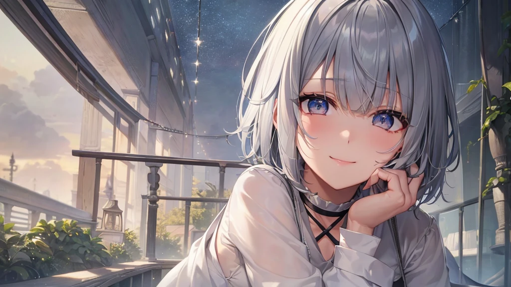 とてもShort Hair, Long bangs between the eyes, Very detailed,(masterpiece、Highest quality)、alone、Gray Hair、Fantasy, Silver Hair, Fantasyな風景、smile、Open your mouth、short hair、Short Hair、hairpin、black eye、Grey Eyes、Beautiful Eyes、Black Shirt、White hoodie