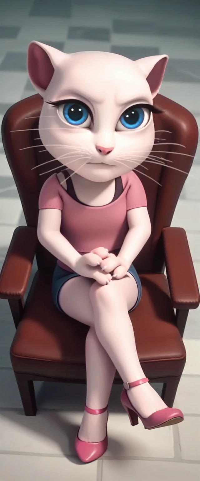 1 girl, cat, white fur, long whiskers on both sides of the face, large bright blue eyes, large black eyelashes, small pink nose, triangular ears with pink channels.      There are high heels.  8k quality side view legs of female chair legs displayed above.  crossed legs