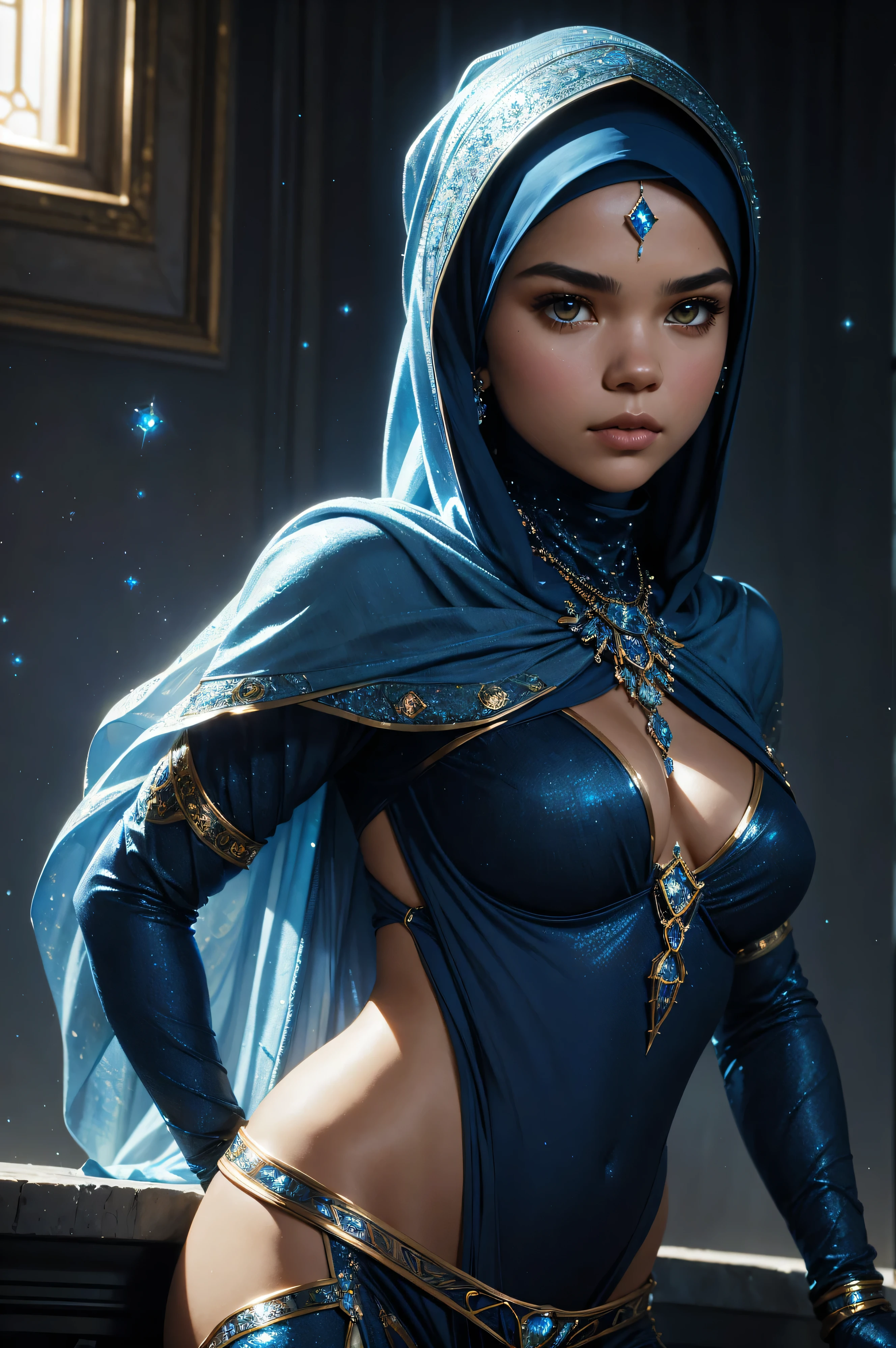 36k, A seksi beautiful Maia Mitchell wearing a hijab made of blue with jewelry and diamonds as room in rome profile picture by greg rutkowski, dynamic pose, intricate, futuristic, fantasy, elegant, by stanley artgerm lau, greg rutkowski, thomas kindkade, alphonse mucha, loish, norman rockwell