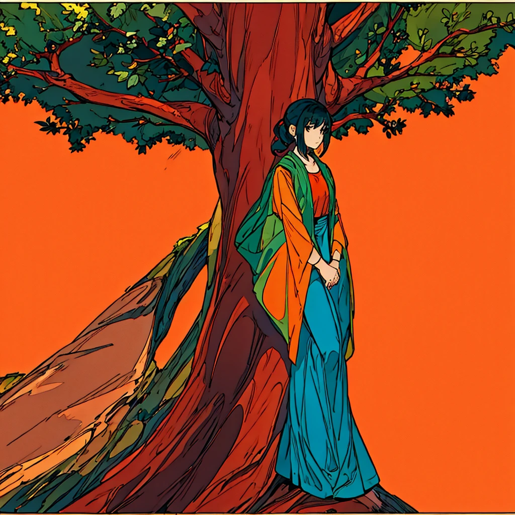 Orange plain background Casually dressed woman Tree