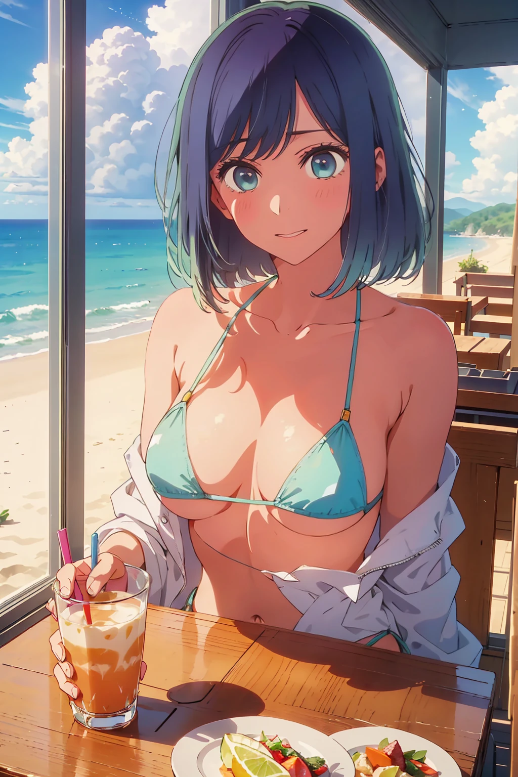 (Highest quality:1.4、masterpiece:1.4、Super detailed:1.4、8k:1.4)、((((1 person、Surprised expression、sit、Indoor cafe terrace、coastal、juice、table、Sandy Beach、juiceのグラスを持つ、Micro Bikini、Very soft 、Big eyes、Very cute face))))、(with a thunderstorm:1.4)、F cup bust、Medium breast、Underboob