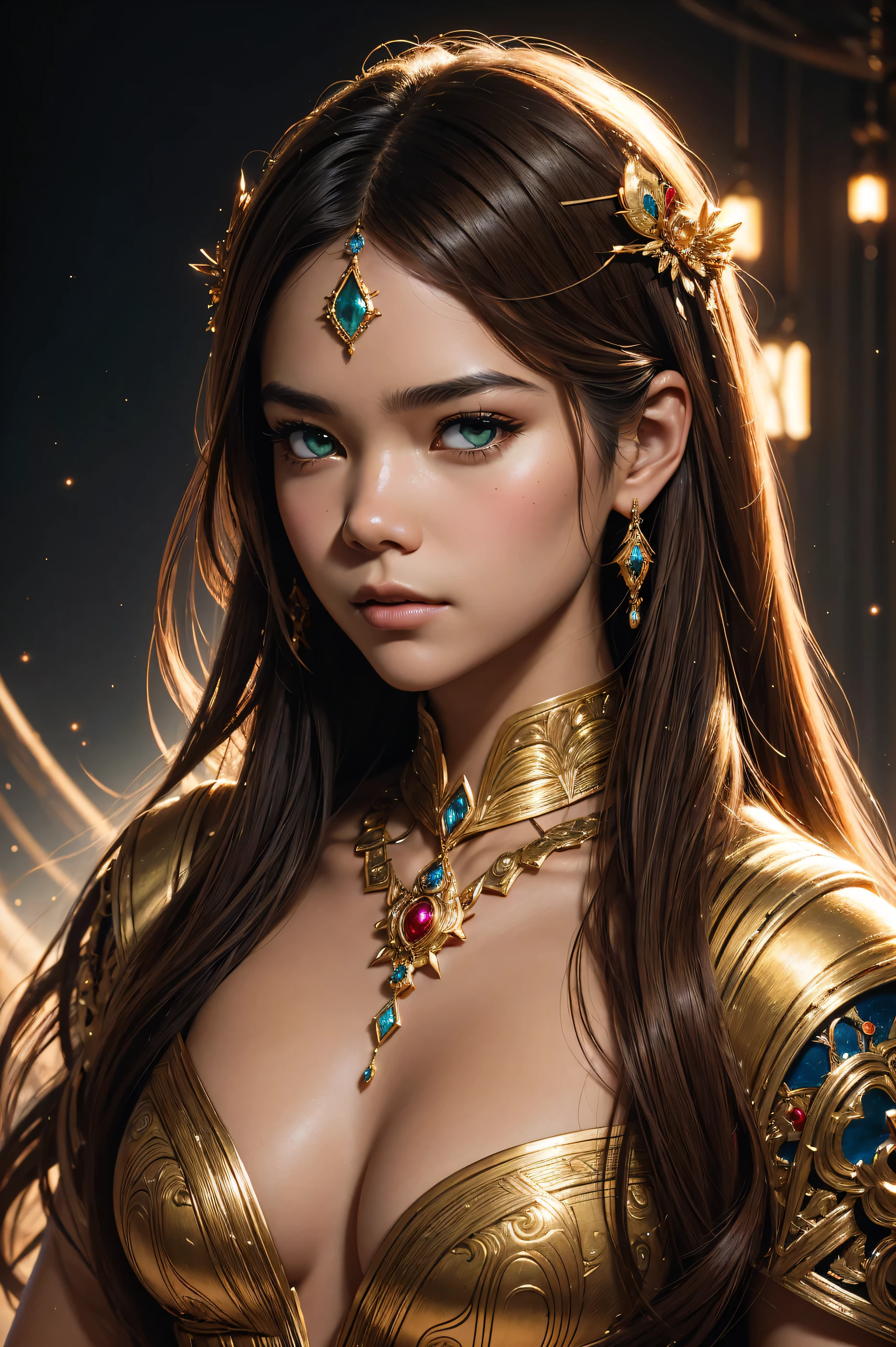 35k, Beautiful portrait of an attractive inidan princess, Maia Mitchell, beautiful princess, round shaped face, glowing glass skin, sparkling hazel green eyes, highlighted chestnut brown long straight hair, adorned in intricate golden jewelry, confident half smile, face painting, dramatic lighting, intricate, wild, exotic beauty, highly detailed, digital painting, artstation, concept art, smooth, sharp focus, illustration, art by artgerm and greg rutkowski and alphonse mucha, footage from space camera