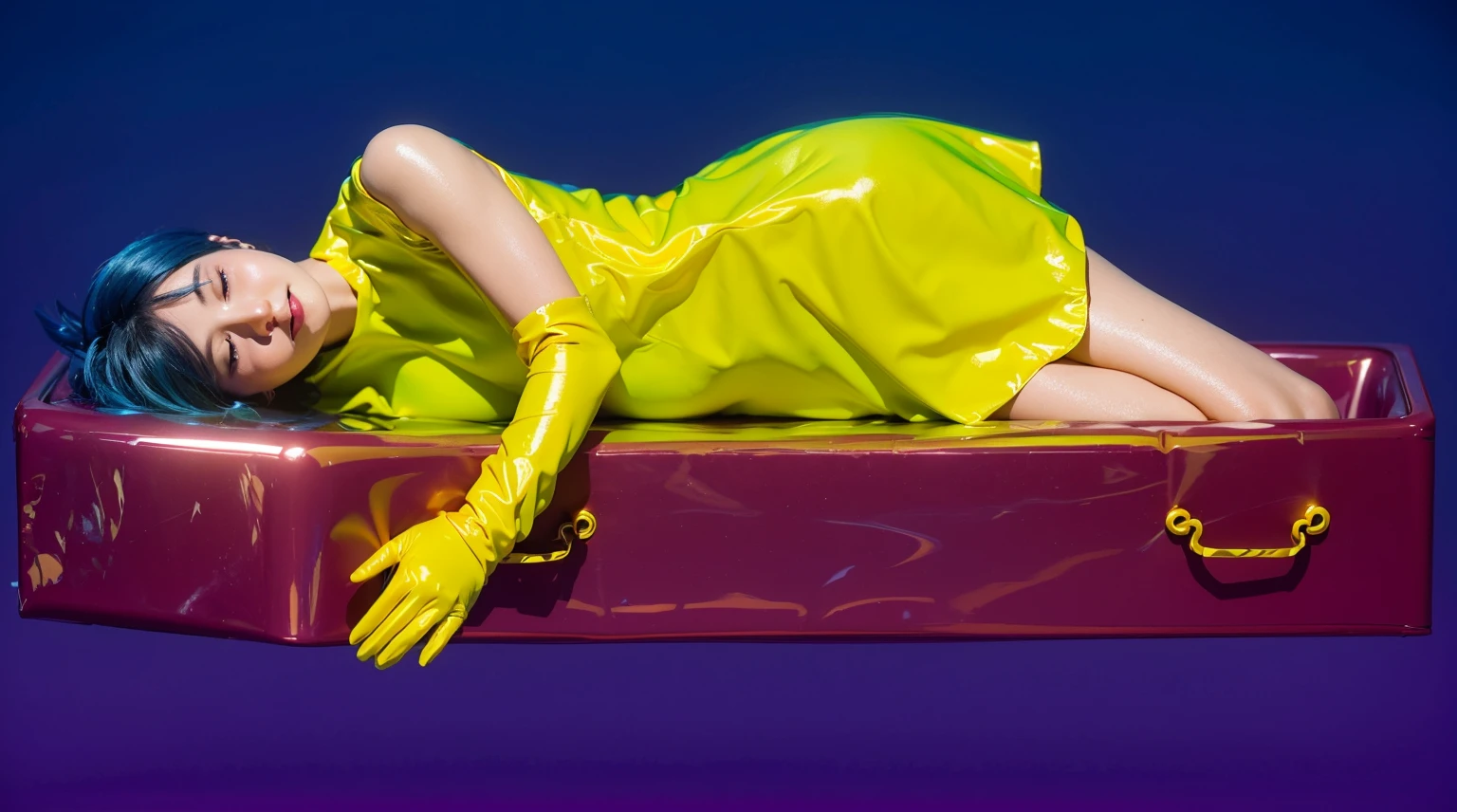 This image depicts a woman with vibrant blue hair, lying comfortably in an elongated, dark purple box. She is dressed in a bright neon green dress and yellow gloves, adding a striking contrast against the purple and blue background. Her peaceful expression and relaxed pose suggest a dreamlike or surreal scene, despite the unconventional setting of being in a box. The overall visual effect is bold and colorful, emphasizing the playful and artistic elements of the composition. effectively conveying a sense of joy and creativity.ffects render, (glossy plastic texture with multiple big light probe refractions), perfect cgi, smooth silhouette, high intensity refraction, (super glossy plastic material), most beautiful vfx, , realistic, 4k, high resolution, rim light, smooth 3d model, multiple light sources, rim light, sharp post effects render,, realistic, 4k, high resolution, rim light detailed digital art, reflective, best quality, 4k, masterpiece:1.2, ultra-detailed, realistic, vivid colors, The image of the highest quality, ensuring every detail showcased perfectly. It in 4k resolution, allowing viewers to immerse themselves in the richness of the colors and intricate details. The realistic rendering. under the spotlight, reflecting, high-resolution image, realistic rendering