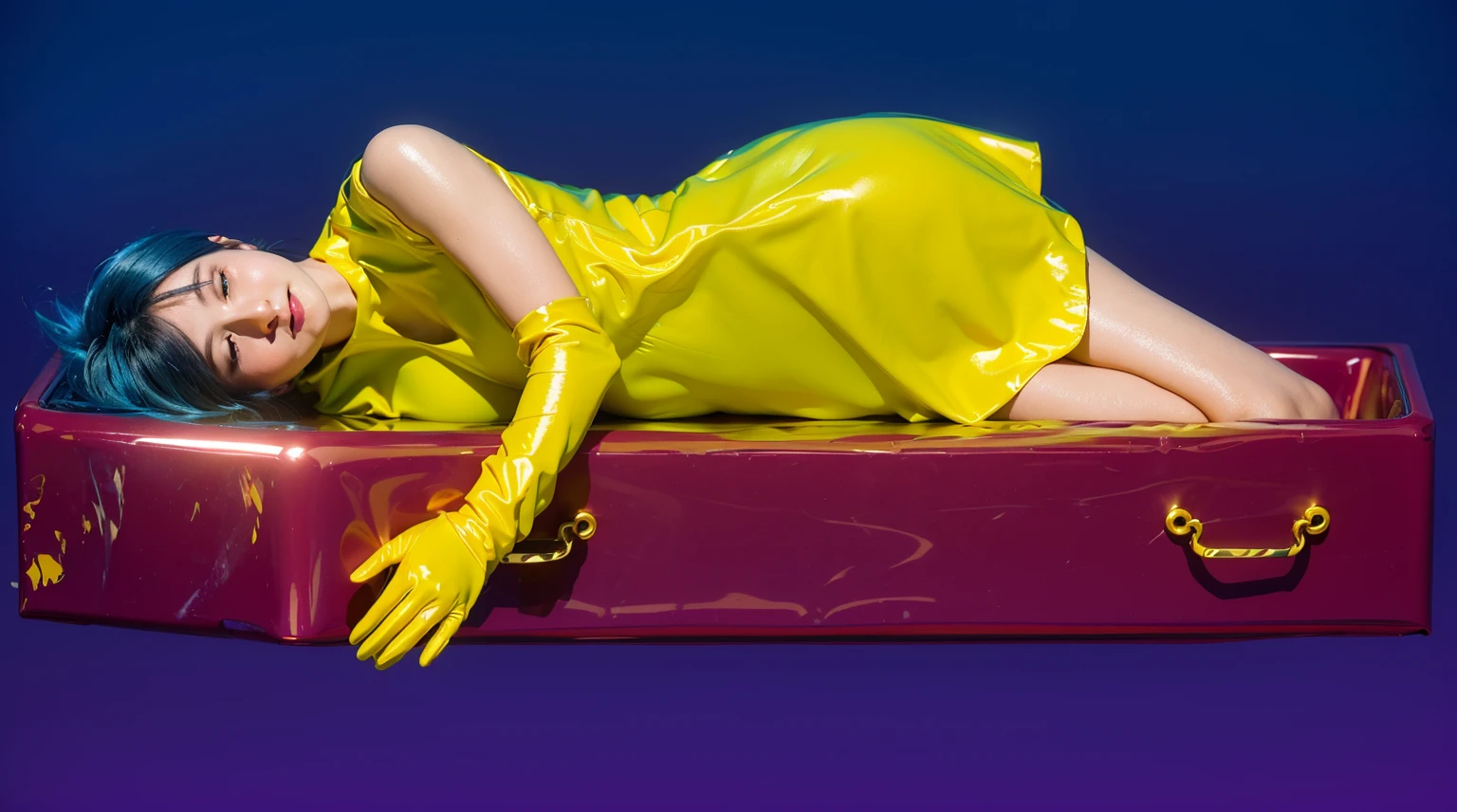 This image depicts a woman with vibrant blue hair, lying comfortably in an elongated, dark purple box. She is dressed in a bright neon green dress and yellow gloves, adding a striking contrast against the purple and blue background. Her peaceful expression and relaxed pose suggest a dreamlike or surreal scene, despite the unconventional setting of being in a box. The overall visual effect is bold and colorful, emphasizing the playful and artistic elements of the composition. effectively conveying a sense of joy and creativity.ffects render, (glossy plastic texture with multiple big light probe refractions), perfect cgi, smooth silhouette, high intensity refraction, (super glossy plastic material), most beautiful vfx, , realistic, 4k, high resolution, rim light, smooth 3d model, multiple light sources, rim light, sharp post effects render,, realistic, 4k, high resolution, rim light detailed digital art, reflective, best quality, 4k, masterpiece:1.2, ultra-detailed, realistic, vivid colors, The image of the highest quality, ensuring every detail showcased perfectly. It in 4k resolution, allowing viewers to immerse themselves in the richness of the colors and intricate details. The realistic rendering. under the spotlight, reflecting, high-resolution image, realistic rendering