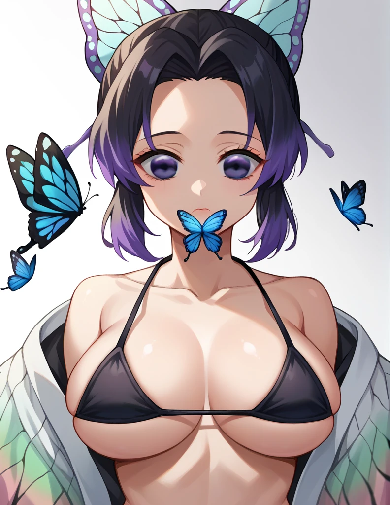 score_9, score_8_up, score_7_up, source_アニメ,
ShinobuKochou, Shinobu Kochou, animal print, black hair, butterfly, butterfly hair ornament, butterfly print, forehead, gradient hair, hair ornament, haori, multicolored hair, parted bangs, purple hair, short hair, two-tone hair,Micro Bikini, Big Breasts, A scornful face, Close your mouth, Breasts focus