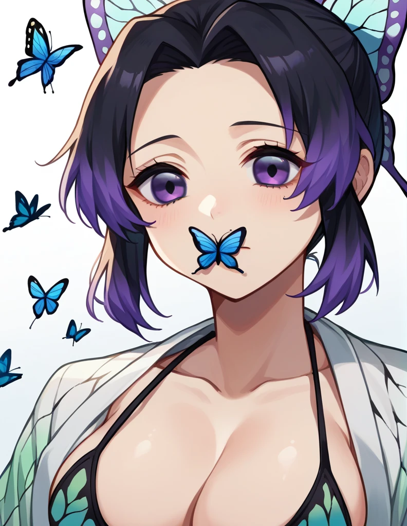 score_9, score_8_up, score_7_up, source_アニメ,
ShinobuKochou, Shinobu Kochou, animal print, black hair, butterfly, butterfly hair ornament, butterfly print, forehead, gradient hair, hair ornament, haori, multicolored hair, parted bangs, purple hair, short hair, two-tone hair,Micro Bikini, Big Breasts, A scornful face, Close your mouth, Breasts focus