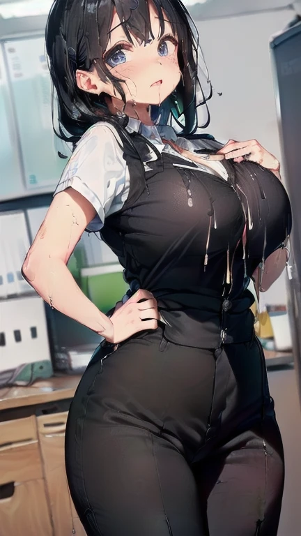 (must be follow these prompts:2.2),masterpiece,best quality,extremely detailed,(in her clothing:3.0),(black trousers on:2),(formal styled business suit:2.4),(若くて可愛いGasping:1.7),(Draws moisture with a slightly smooth texture:1.3),(Innocent faceをした小柄で少しむっちりした新入社員がそこに一人だけいる:2.5),(normal body structures:3),(adorable expression:2.3),(usual face:2.2),(Gasping:1.5),(japanese pretty girl:1.7),(she was already stroked up to the depth intervaginal sensual spot:1.7),(A short new employee wearing a tight black business suit:2.3),(black hair:2.1),(若い恥じらいを含んだGasping:1.5),(big breasts in her clothing:2.2),(A new employee with a very innocent look while working in the office:2.3),(The new employee is short but has a slightly plump body.:1.9),(The crotch of his black trousers is discolored with love juice stains.:1.9),(The new employee is convulsing and dripping love juice from her pussy, which is hidden under her pants.:1.7),(The black pants that tightly hugged the new employee's plump thighs were wet with lascivious secretions.:2.3),(The new employee endures the sloppy feeling by keeping his black pants on.:2.5),(The new employee's breasts, covered by her business suit, are swelling with intense lust.:1.9),(The corner of a young girl's body々A new employee whose entire body was toyed with by the lewd urges that wriggled wetly.:1.7),(Gasping:1.5),(A new employee who is always holding his crotch over his black pants:1.7),(幼い恥じらいを含んだGasping:1.5),(The new employee's suit-covered breasts and nipples are bulging with lust.:1.8),(The new employee's lewd body beneath her clothes is swelling slightly with her lascivious reaction.:1.6),(A short new employee in a business suit working in modern Tokyo:2.2),(The new employee works very diligently.:2.5),(The new employee has short, thick legs.:1.6),(Gasping:1.5),(The new employee's black business suit jacket and trousers had old semen stains on them.:1.7),(first time々New Employees:2.2),(she looks like japanese idol:2.3),(The black pants are made of a durable fabric that will never tear.:4.3),(Her breasts are completely hidden under a black office suit:1.8),(displayed one woman on single picture:3),(she looks like a ta:2.0),(All of this happened to the new employee himself, not anyone else.:2.1),(A , voluptuous new employee has semen ejaculated all over her black business suit jacket and white blouse.:1.6),(Slimy semen was leaking from the crotch area of his black trousers.:1.6),(pretty rookie with tough business suit:2.2),(lady's business jacket and black trousers must be on:2.1),(in her clothing:2.5),(in her black business jacket clothing:2.1),(Make sure to depict the face:5.3),(Calm expression:4.3),(Innocent face:3),(The story focuses on just that one new employee.:3.3),(The only characters that appear are the new recruits.:4.2),(Portrait:7)