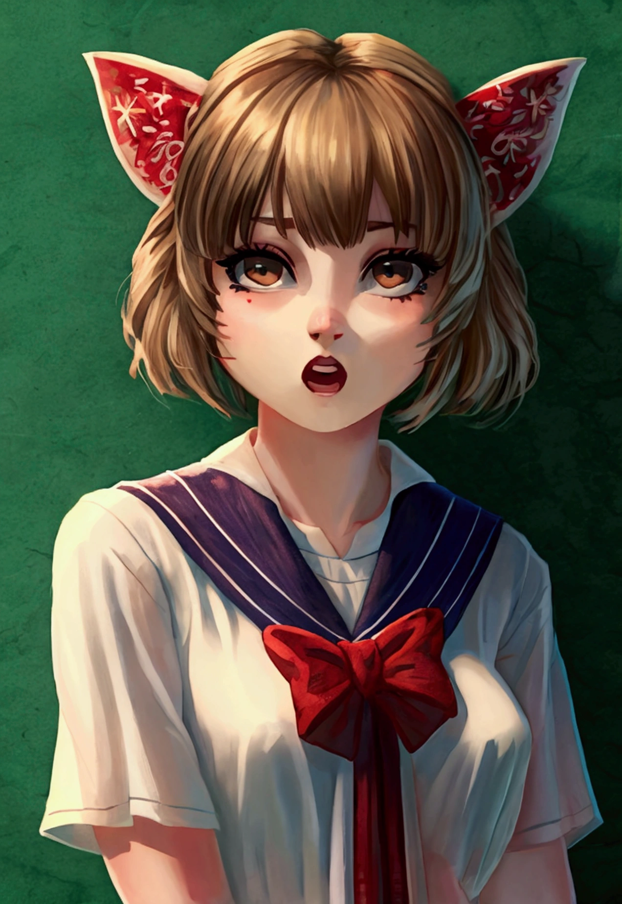 (extremely delicate and beautiful: 1.2), 1girl, fashi-girl, bangs, pretty eyes, bow, brown hair, closed mouth, sideways, hair between eyes, hair bow, short sleeves, looking at the viewer, medium hair, solo, upper body, school uniform: 1.3, ((solo)), (masterpiece), blonde