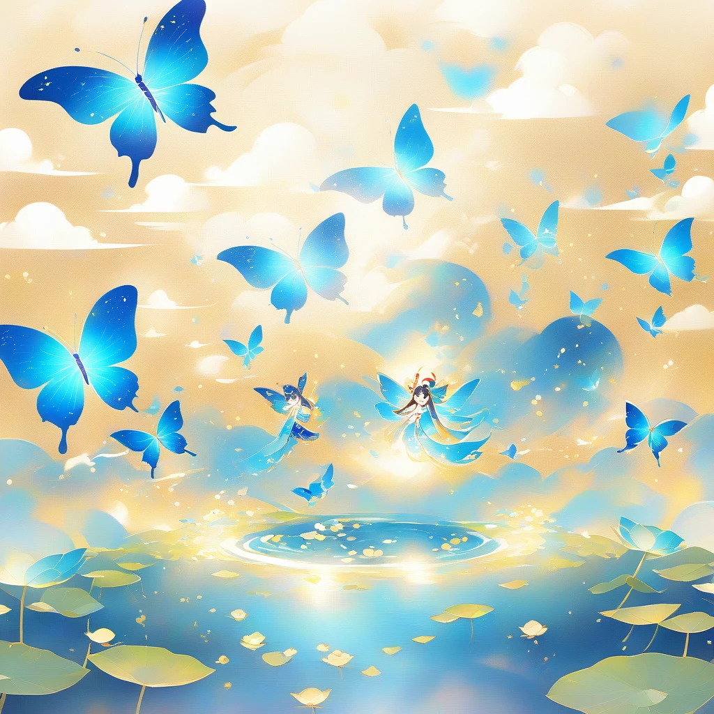 Dunhuang art style illustration,Many golden blue butterflies surrounded by auspicious clouds，Transparent diamond wings,Magnificent ,（Blue butterfly shining with starlight：1.36） Flying in the lotus pond ,extremely delicate brushstrokes, Soft and smooth, Chinese Red and Indigo, Golden background