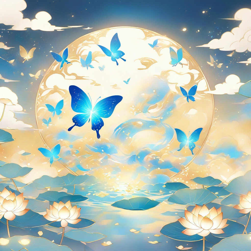 Dunhuang art style illustration,Many golden blue butterflies surrounded by auspicious clouds，Transparent diamond wings,Magnificent ,（Blue butterfly shining with starlight：1.36） Flying in the lotus pond ,extremely delicate brushstrokes, Soft and smooth, Chinese Red and Indigo, Golden background