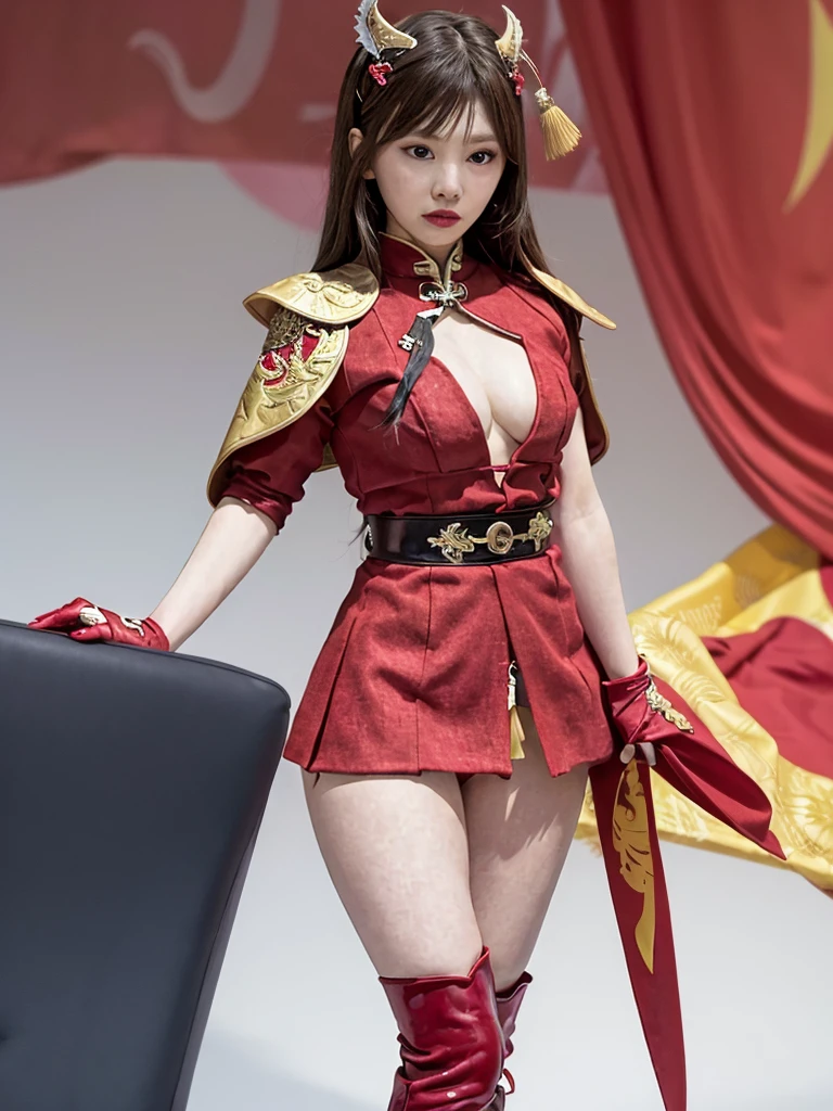 One person is wearing a Chinese red tights with the Chinese national emblem printed on the chest, a Chinese red cloak, red long gloves on both hands, red over-the-knee boots on both feet, and a dragon emblem belt tied around the waist. The full body shot of the super heroine Yangtze and Yellow River Star is shown. body standing posture 100%Portrait photo