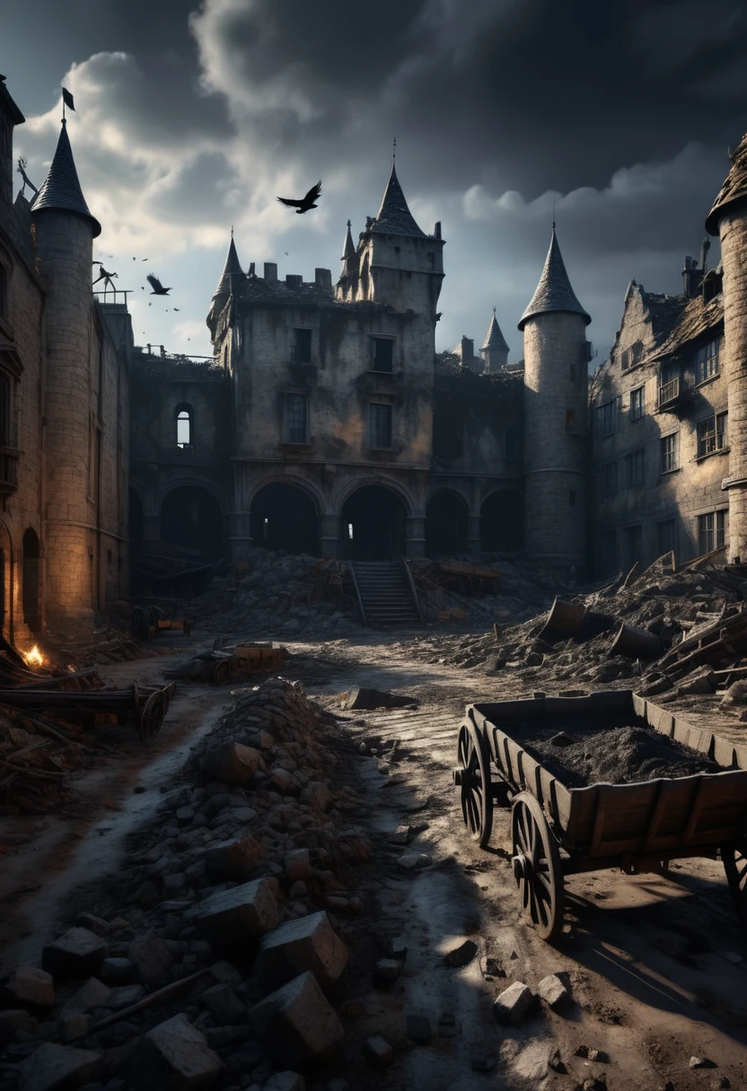 A medieval castle in moonlight, rubble and fallen debris, a person and a wagon rolling, oil spilled, burnt buildings, scattered rubble, crows gathering, (best quality,4k,8k,highres,masterpiece:1.2),ultra-detailed,(realistic,photorealistic,photo-realistic:1.37),gothic,dark fantasy,moody lighting,dramatic shadows,cinematic,muted colors,gritty,dystopian
