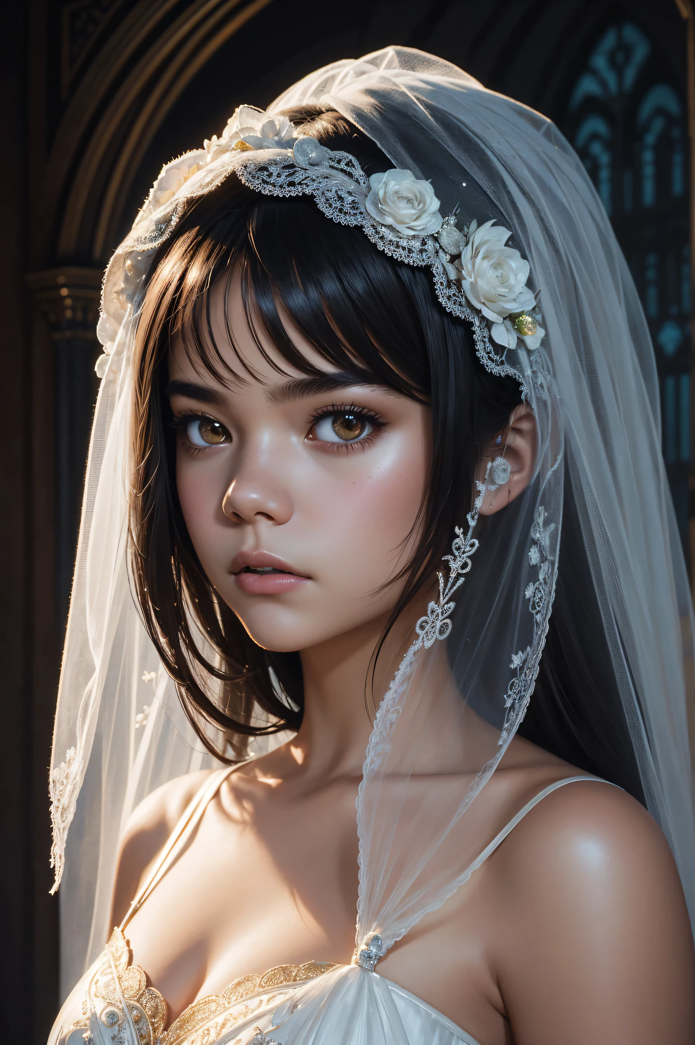 36k, portrait Maia Mitchell, wearing veil bride costume, against the background of Disney Castle, character portrait, 8 9 9 0 s, long hair, intricate, elegant, highly detailed, digital painting, artstation, concept art, smooth, sharp focus, illustration, art by wlop, charlie bowater and alexandra fomina