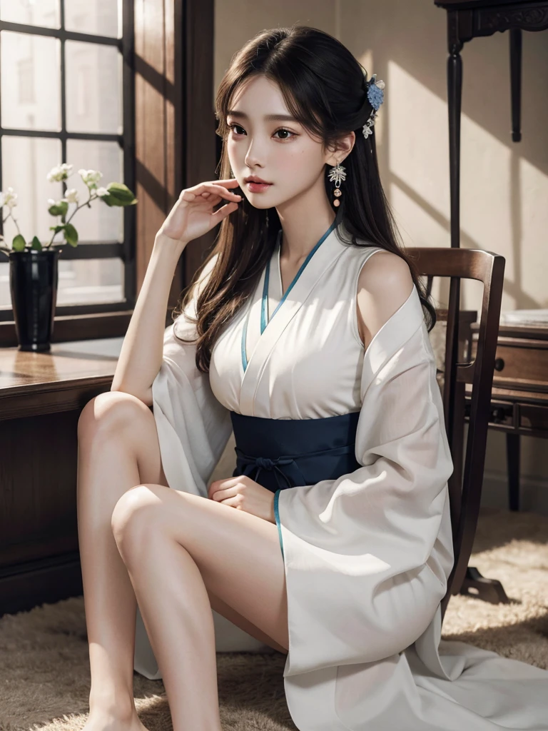 absurdres, RAW photo, extremely delicate and beautiful, masterpiece, Best Quality, ultra high resolution, 32k, hyperrealistic, ultra-detailed, perfect anatomy, super Detailed skin, perfect figure, Super Beauty, Perfect Style, Perfect balance, 20 years old, very small head, very small face, delicate facial features, detailed face, detailed eyes, tearful mole, earring, very huge round breasts, legs, medium hair, full body shot, (Hanfu), indoor,