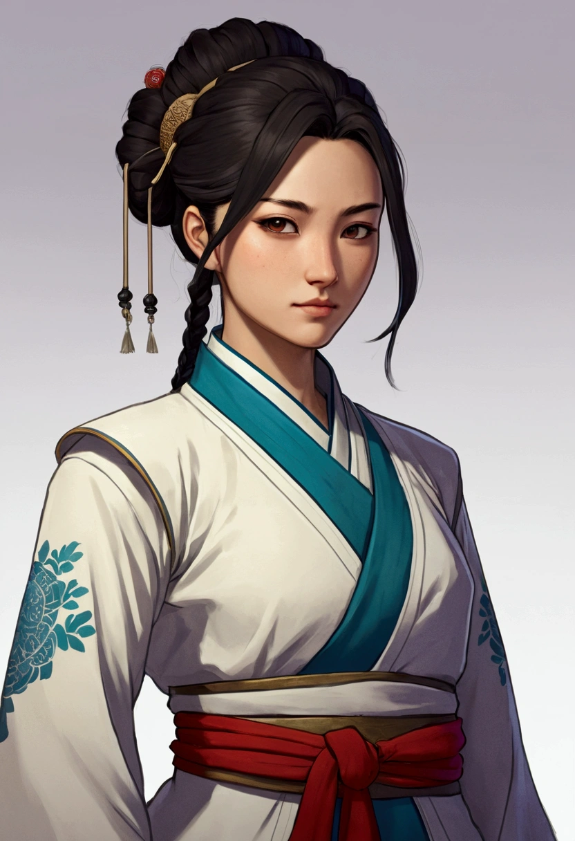 A character in the art style of the anime called "the apothecary diaries" with mao mao. She is a fighter, but wears traditional clothes (2d)