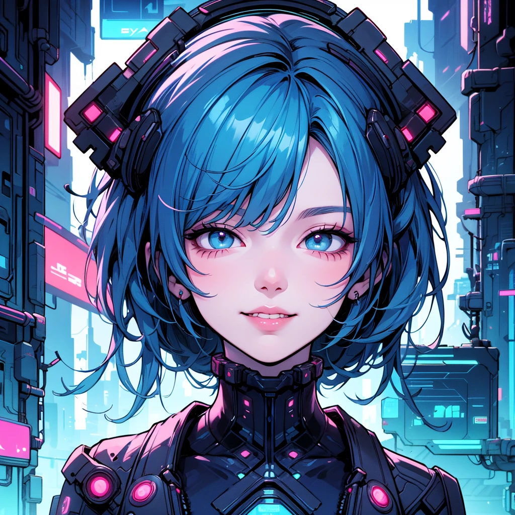 there is a woman with blue hair and a jacket, hyper-realistic cyberpunk style, realistic art style, Retrato ciberpunk, 🤤 portrait of , cyberpunk artstyle, cyberpunk anime digital art, Retrato de RossDraws, garota cyberpunk sonhadora, the cyberpunk portrait of , portrait of cg society, cyberpunk style ， hyper realist, realism art style, photorealistic art style, rossdraws pastel vibrante, smiling, 80s comic style image