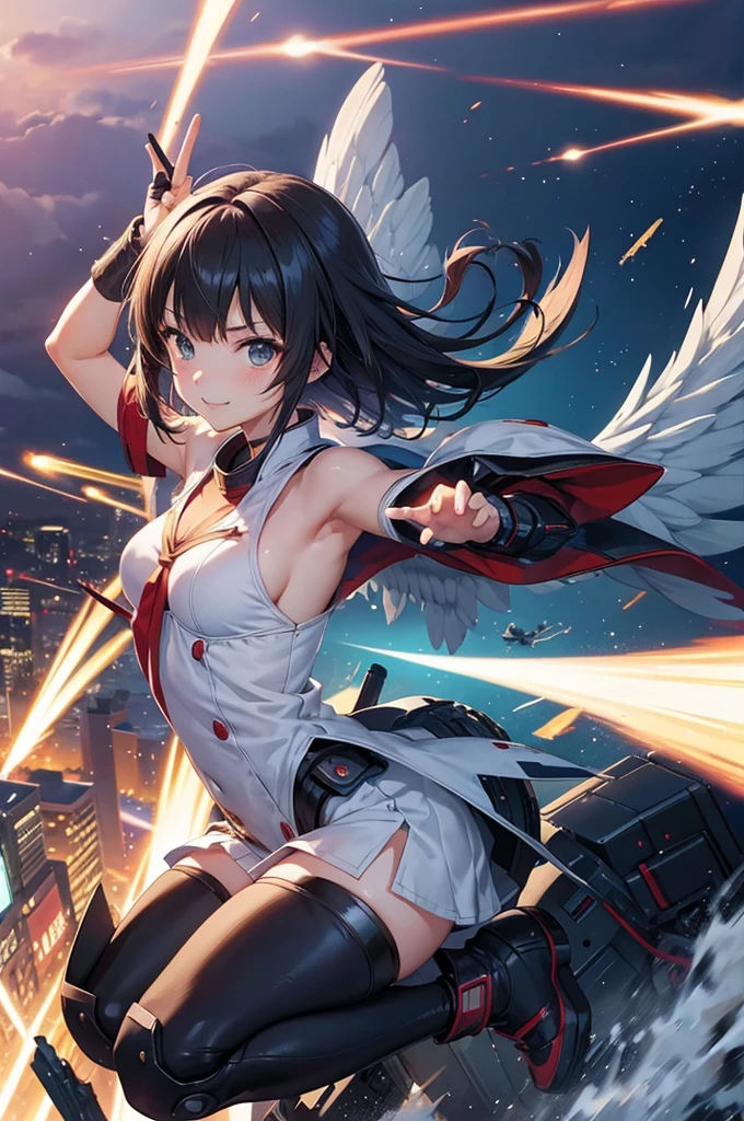  an anime girl, masterpiece, 4K,detailed, best quality, no bad anatomy and fingers, dynamic pose, Action Painting, a beautiful young cyborg girl, smile, taking off into the sky, blunt bangs, flipped medium hair, super detailed skin, FINAL FANTASY 12, Turn A Gundam, make-up, cool mechanical wings, the city of Monaco, Ryu Fujisaki, Hayao Miyazaki,