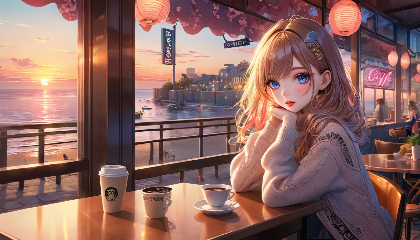 urban cityscape, sunset scenery, seaside promenade, fashionable cafe, anime aesthetic, beautiful detailed eyes,beautiful detailed lips,extremely detailed eyes and face,longeyelashes, 1girl, digital painting, (best quality,4k,8k,highres,masterpiece:1.2),ultra-detailed,(realistic,photorealistic,photo-realistic:1.37),vibrant colors,dramatic lighting,cinematic composition,ethereal atmosphere,intricate details,elegant fashion,warm sunset tones,reflections in water,cozy cafe interior,neon signs,mist and fog,cherry blossoms,whimsical energy, long shot