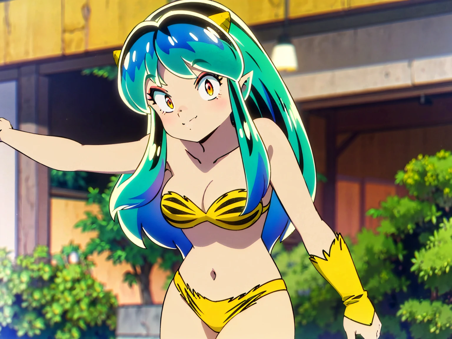 Tabletop, Highest quality, Ultra-high resolution, Highest quality, Anime Style, Alien Girl, They are, 17 years old, Attractive girl, Long Green Hair, Yellow horn, Ram, Ram_Bikini, Yellow tabby bikini, A carefree smile, Animated facial expressions, Face Focus, close, pov