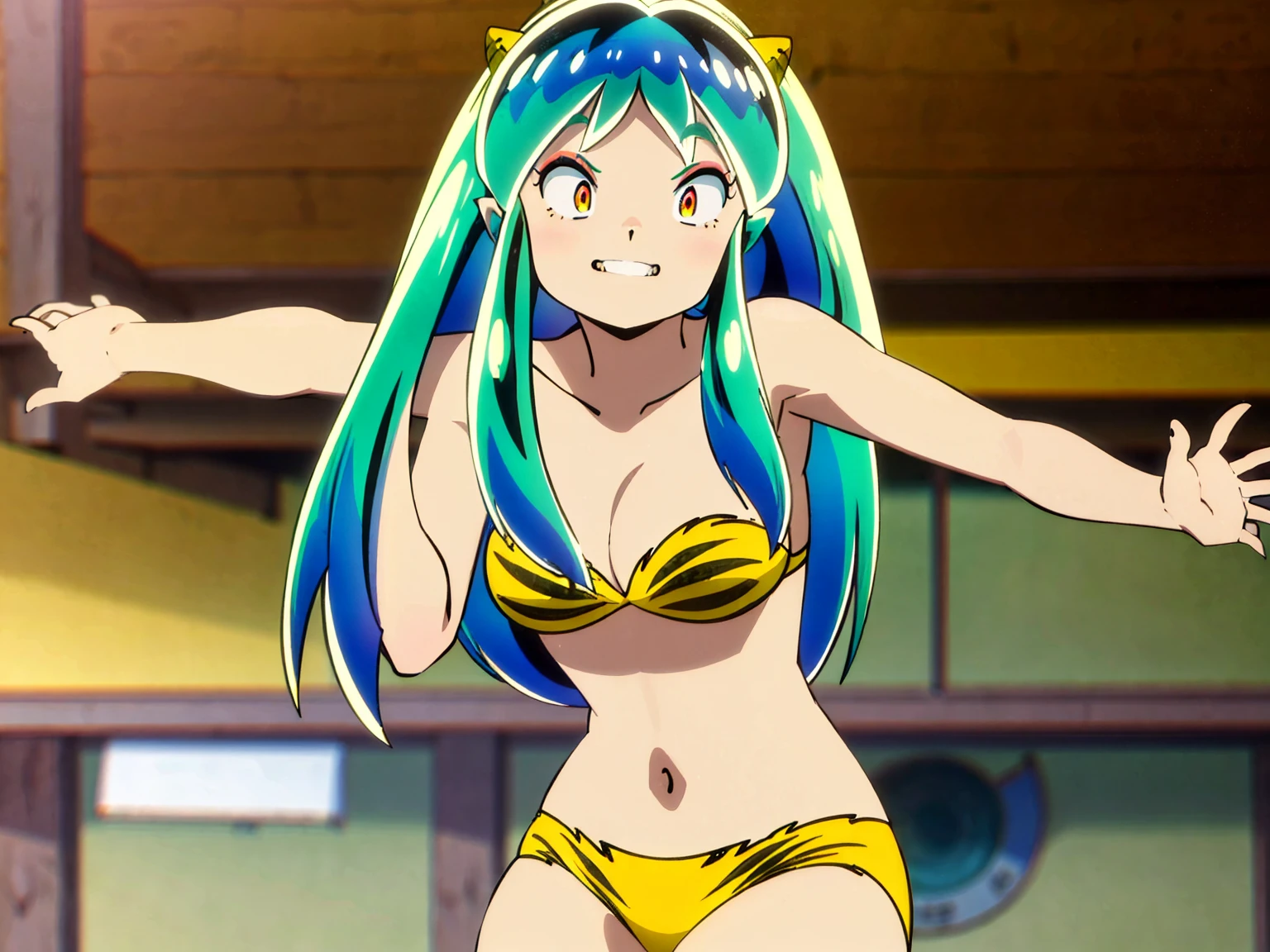Tabletop, Highest quality, Ultra-high resolution, Highest quality, Anime Style, Alien Girl, They are, s old, Attractive girl, Long Green Hair, Yellow horn, Ram, Ram_Bikini, Yellow tabby bikini, A carefree smile, Animated facial expressions, Face Focus, close, pov