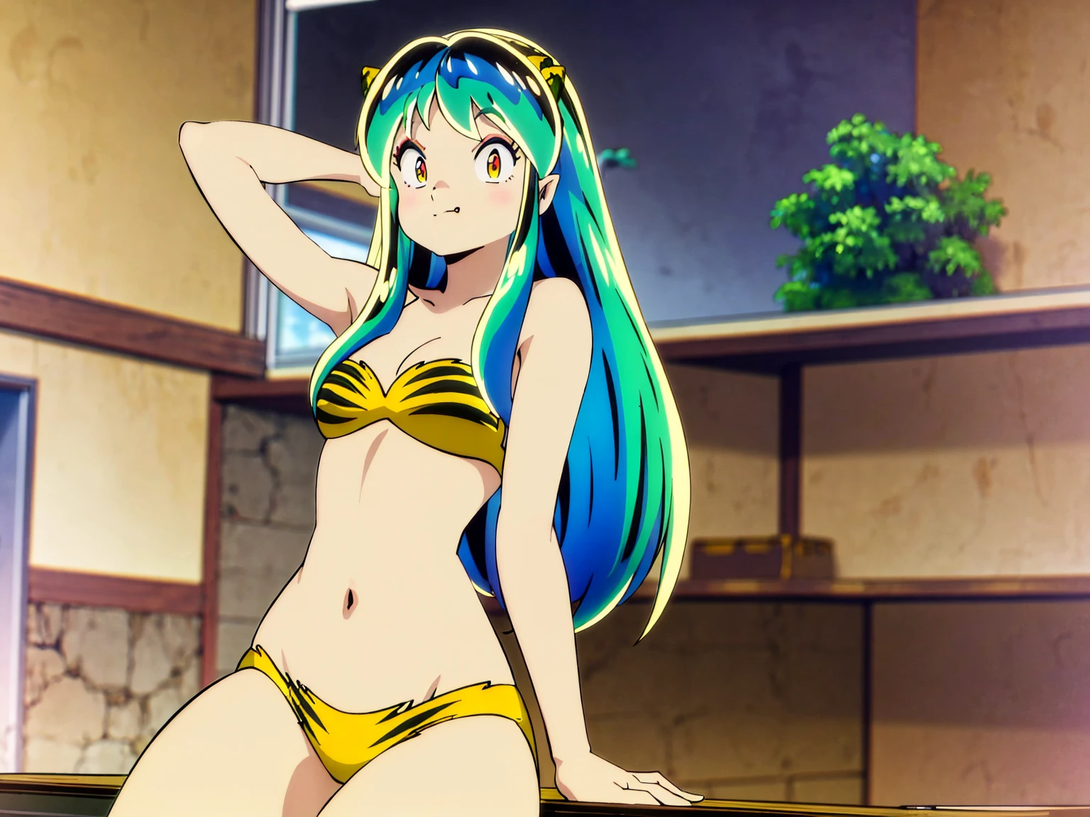 Tabletop, Highest quality, Ultra-high resolution, Highest quality, Anime Style, Alien Girl, They are, 17 years old, Attractive girl, Long Green Hair, Yellow horn, Ram, Ram_Bikini, Yellow tabby bikini, A carefree smile, Animated facial expressions, Face Focus, close, pov