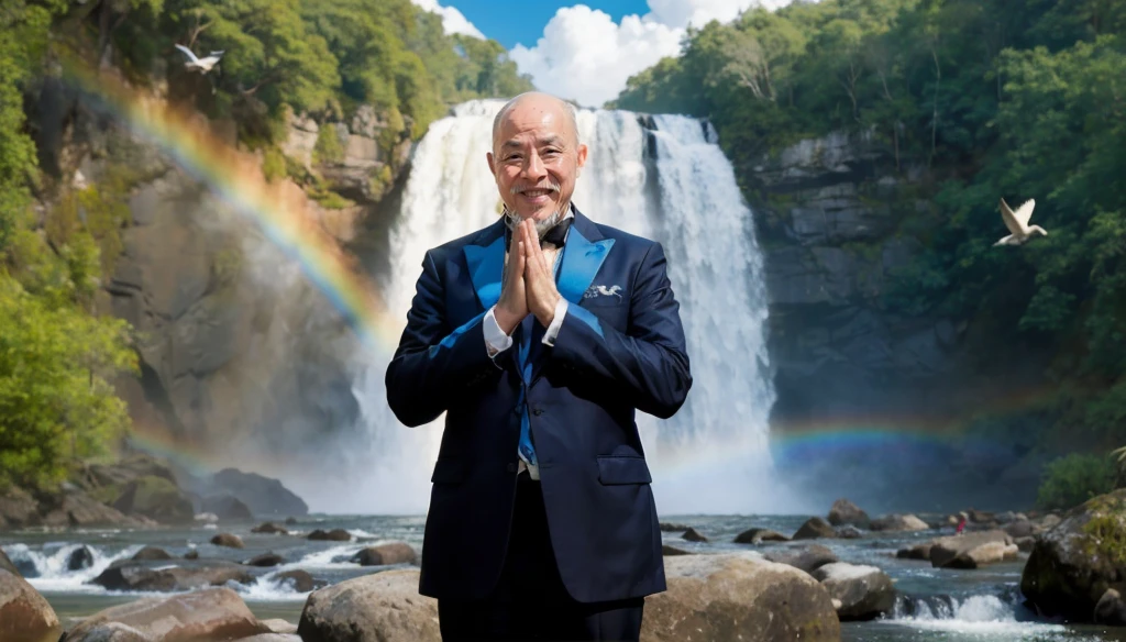 A middle-aged lean oriental man with a bald white beard puts his hands together，Showing goodbye，Eyes looking into the camera，Wearing a gorgeous two-piece formal dress，Standing in the forest with waterfall，There are birds flying，There are white clouds in the blue sky，There is a rainbow above the waterfall，Beautiful and high-definition picture，The details are very clear，With depth of field