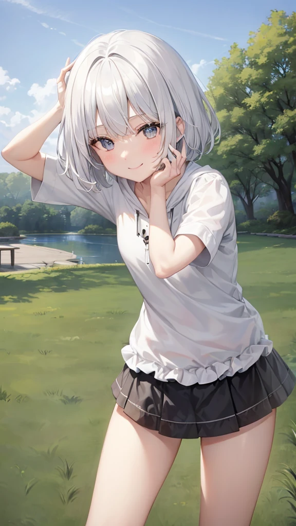 とてもShort Hair, Long bangs between the eyes, Very detailed,(masterpiece、Highest quality)、alone、Gray Hair、Fantasy, Silver Hair, Fantasyな風景、smile、Open your mouth、short hair、Short Hair、hairpin、black eye、Grey Eyes、Beautiful Eyes、Black Shirt、White hoodie