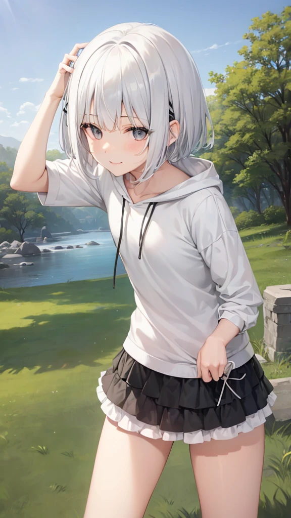 とてもShort Hair, Long bangs between the eyes, Very detailed,(masterpiece、Highest quality)、alone、Gray Hair、Fantasy, Silver Hair, Fantasyな風景、smile、Open your mouth、short hair、Short Hair、hairpin、black eye、Grey Eyes、Beautiful Eyes、Black Shirt、White hoodie