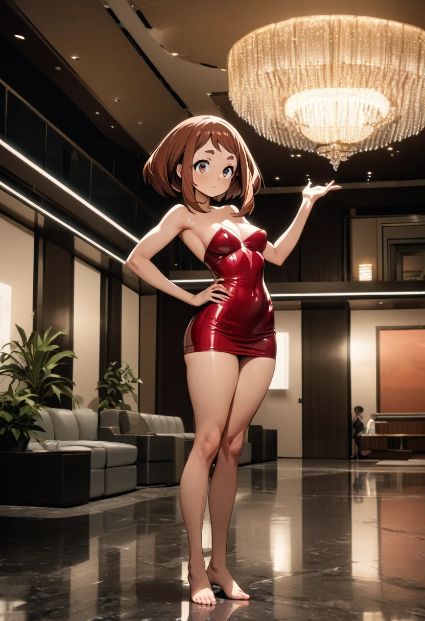 a standing woman. Ochako Uraraka, tight red cocktail dress, short dress, strapless, medium breasts, front, showing underwear, white thong, medium glutes, whole body, perfect body, perfect legs, perfect arms, perfect hands, perfect feet, Masterpiece, Super High Resolution, evening, lobby, pose sexy