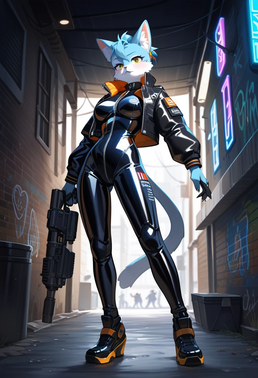 animation, Highest quality, Highest quality, High quality illustrations, masterpiece, Ultra-high resolution, Detailed Background, Alley, night, Graffiti art on the wall, Absurd, Perfect Anatomy, performance, Good lighting, Shadows in the movies(kemono, Furry PersonifiCation), Cat, woman, Blueskin, White Rubber Suit, latex, neon, neonライト, neonカラー, Bodysuits, Cyber Suit, Mech Suit, Rubber Half Jacket, cyber punk, Blade Runner, He has a gun in his right hand, Holding a blade in his left hand