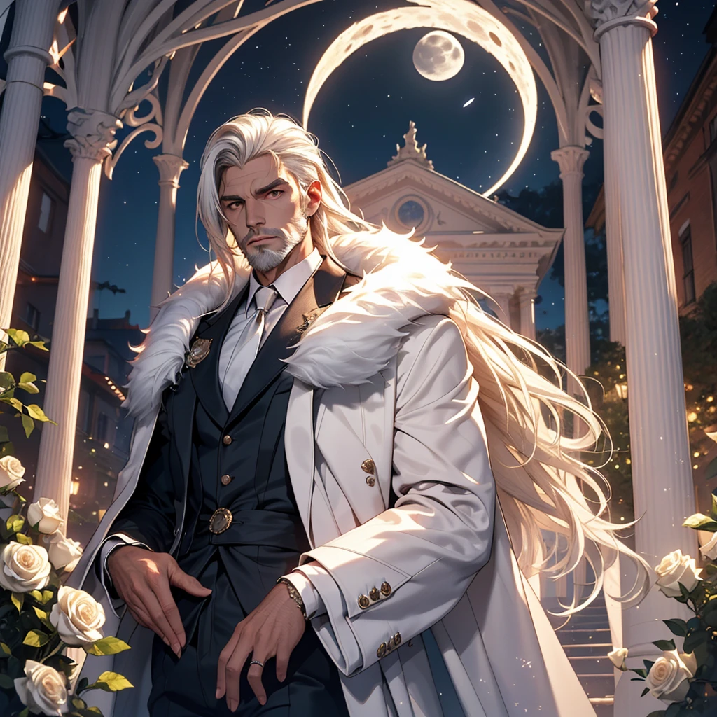 masterpiece, Highest quality, dramatic, 1 person,Long white hair, Psychic Eyes,alone, Long Hair, Tiago Azevedo, moon, night, White luxury suit, Pouting, fur, Proud look,garden, Detailed Background,Cinema Lighting, rose, fashion, Balenciaga Style
