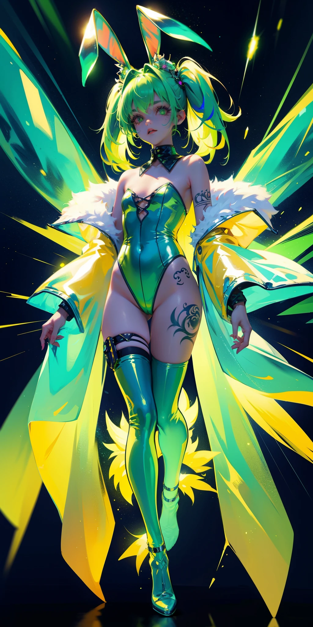 Rabbit technique , Science Fiction, Fluffy , 
1 girl, Tattoo, Glowing tattoo, Glowing eyes, Colorful glowing hair , Full body love, Green Hair,
  Kawaiitech, Soft colors, Kawaii, Lovely colors,