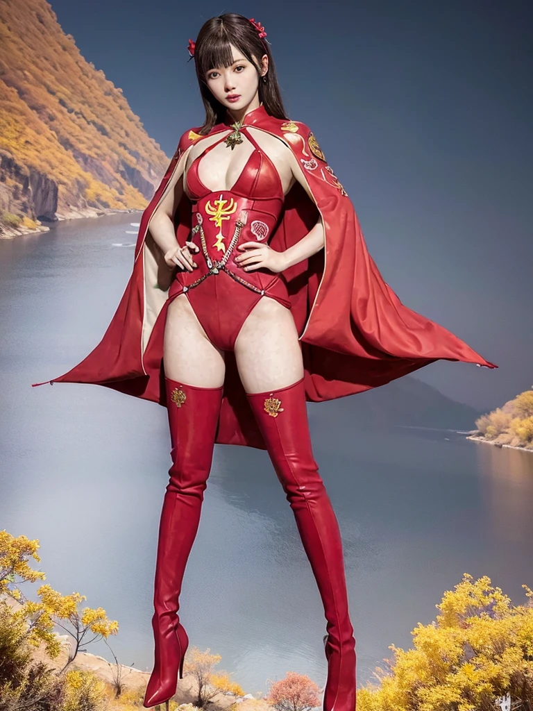 One person is wearing a Chinese red tights with the Chinese national emblem printed on the chest and a Chinese red cloak. Both hands are wearing long red gloves and both feet are wearing red over-the-knee boots. A full body shot of the super heroine Yangtze River and Yellow River Star shows the complete body standing posture 100%Portrait photo