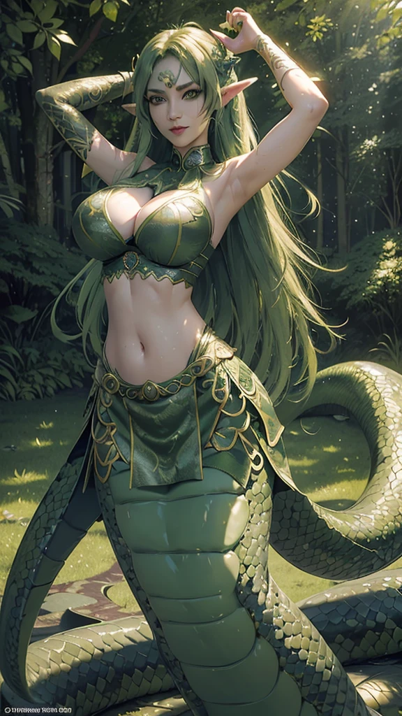 Best quality, cinematic image, detailed image, fantasy, detailed face, detailed beautiful green eyes, Beautiful woman, lamia, snake tail, snake eyes, high, athletic build, wide hips, big breasts, very long lush green hair, long fluffy eyelashes, thick eyebrows, dancer outfit, Seductive smile, spring forest 