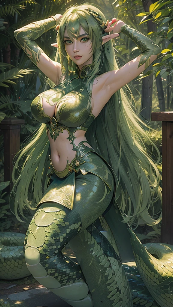 Best quality, cinematic image, detailed image, fantasy, detailed face, detailed beautiful green eyes, Beautiful woman, lamia, snake tail, snake eyes, high, athletic build, wide hips, big breasts, very long lush green hair, long fluffy eyelashes, thick eyebrows, dancer outfit, Seductive smile, spring forest 