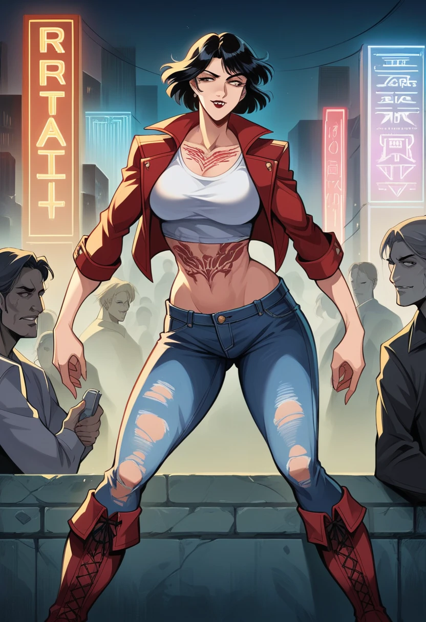 (An athletically built woman with defined muscles. Her skin is covered with artistic tattoos, that extend over her arms and neck. She has short, black hair, that appear wild and untamed. Several piercings adorn her ears, Nose and eyebrows. Her eyes are dark and intense. She wears dark, practical clothing such as leather jackets, Boots and ripped jeans. backdrop: World of Darkness, dark urban fantasy, natta, City, City, neon lights, nattaleben, Vampire. highest quality, muito detalhado), This character embodies a finely crafted western ranger in fantasy realism style in anime style, exquisite and mature manga art style, porcelain skin, perfect skin, perfect eyes, (Mary Elizabeth Winstead:1.2), High Resolution, best quality, highres, Ultra-detail, Finest painting, extremely sensitive, Specialist, anatomically correct, symmetrical face, extremely detailed eyes and face, High quality eyes, creativity, RAW-Foto, uhd, 32k, natural light, cinematic lighting, masterpiece-anatomy-perfect, masterpiece:1.5