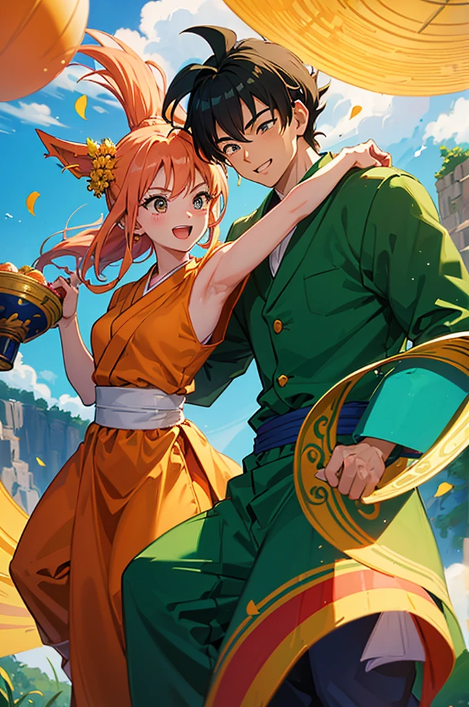 ((best quality)), ((masterpiece)), (detailed), perfect face, Create a vibrant and joyful illustration of Goku and Chi-Chi's wedding. Capture the celebratory atmosphere with Goku dressed in a traditional Saiyan wedding attire and Chi-Chi in a beautiful, elegant wedding dress. Include elements of the Dragon Ball world, like a scenic backdrop of the Kame House or a lush, green field. Friends and family, such as Bulma, Master Roshi, and Gohan, should be present, adding to the festive mood. The scene should be filled with smiles, laughter, and the happiness of the couple and their loved ones.