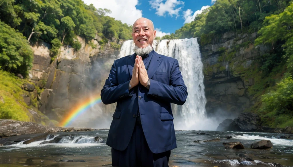 A middle-aged lean oriental man with a bald white beard puts his hands together，Showing goodbye，Eyes looking into the camera，Wearing a gorgeous two-piece formal dress，Standing in the forest with waterfall，There are birds flying，There are white clouds in the blue sky，There is a rainbow above the waterfall，Beautiful and high-definition picture，The details are very clear，With depth of field