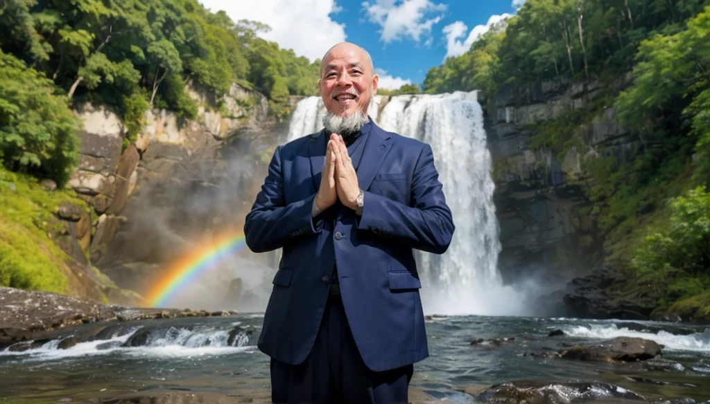 A middle-aged lean oriental man with a bald white beard puts his hands together，Showing goodbye，Eyes looking into the camera，Wearing a gorgeous two-piece formal dress，Standing in the forest with waterfall，There are birds flying，There are white clouds in the blue sky，There is a rainbow above the waterfall，Beautiful and high-definition picture，The details are very clear，With depth of field