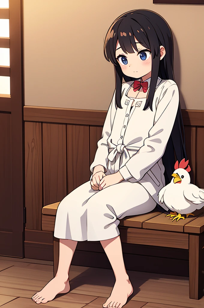 (realitic), Male chicken sitting alone looking straight ahead, sitting cutely, I tied my long hair comb back
