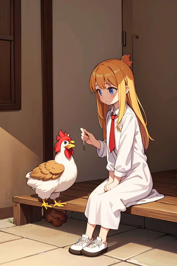(realitic), Male chicken sitting alone looking straight ahead, sitting cutely, I tied my long hair comb back