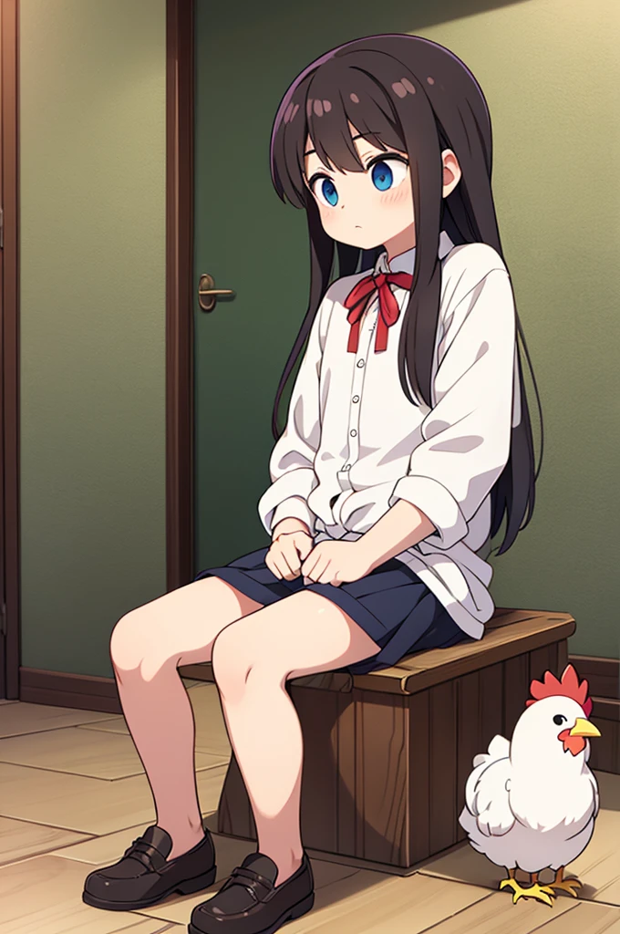 (realitic), Male chicken sitting alone looking straight ahead, sitting cutely, I tied my long hair comb back
