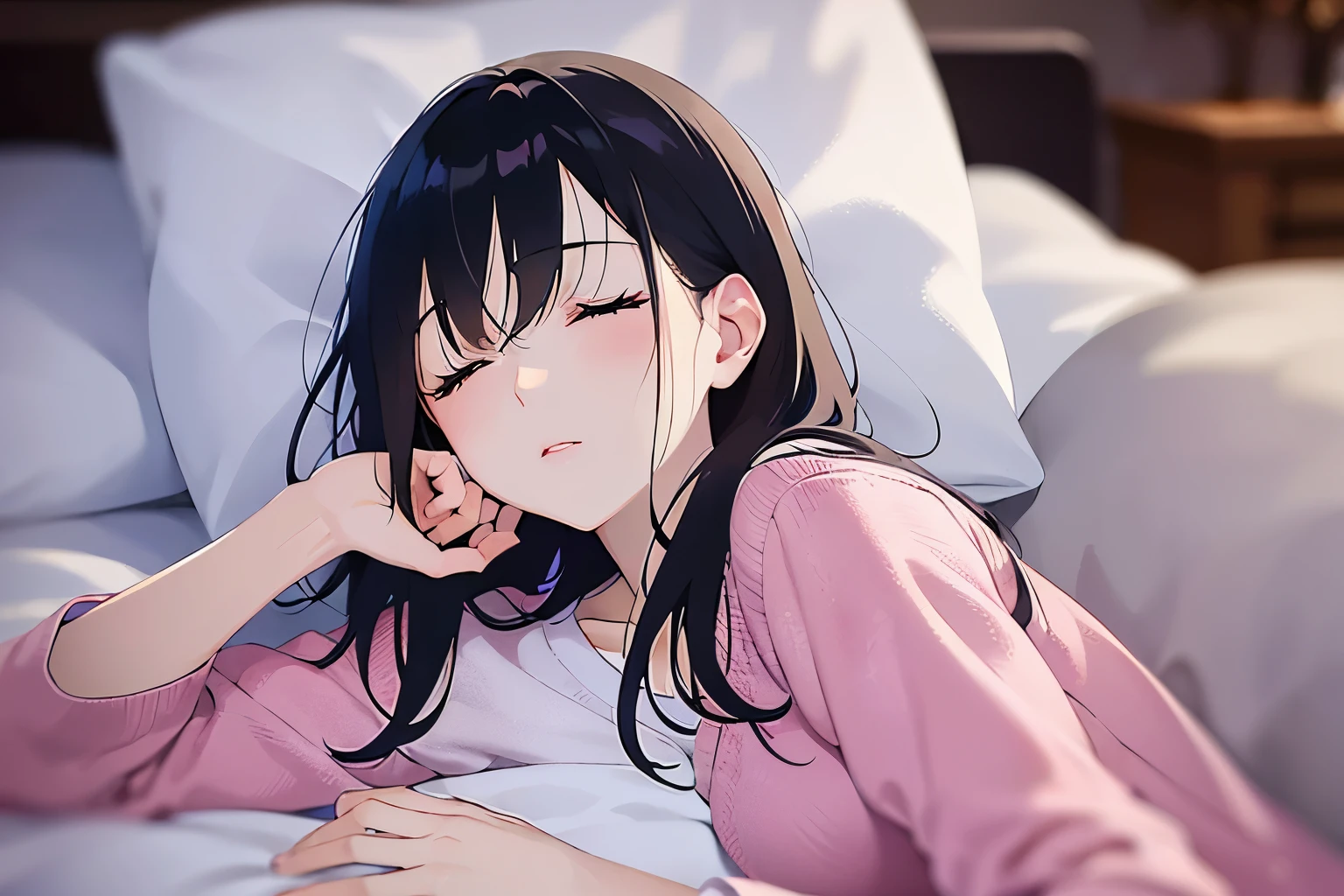 on back, Upper Body, Realistic, real person, (pale skin: 1.2), RAW photo, photorealistic, shiny skin, shiny hair、(25 year old woman with bangs) and (medium hair) and (black hair) and (closed eyes:1.5) , BREAK (pajamas) and (pink:1.5) BREAK 、sleepy, bed, Alone、